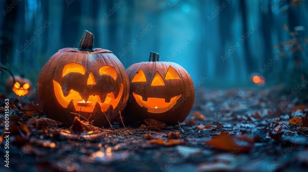 Two jack-o'-lanterns in a spooky forest Two jack-o'-lanterns in a spooky forest