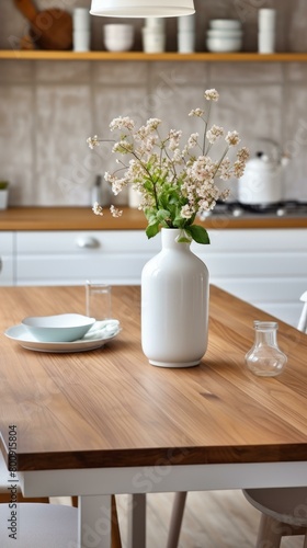 A beautiful vase of flowers sits on a wooden table in a modern kitchen.