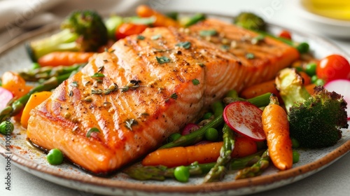 A plate of grilled salmon with vegetables