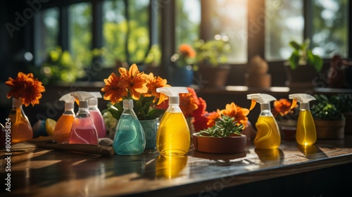 A variety of cleaning spray bottles on a wooden table with flowers in the background photo