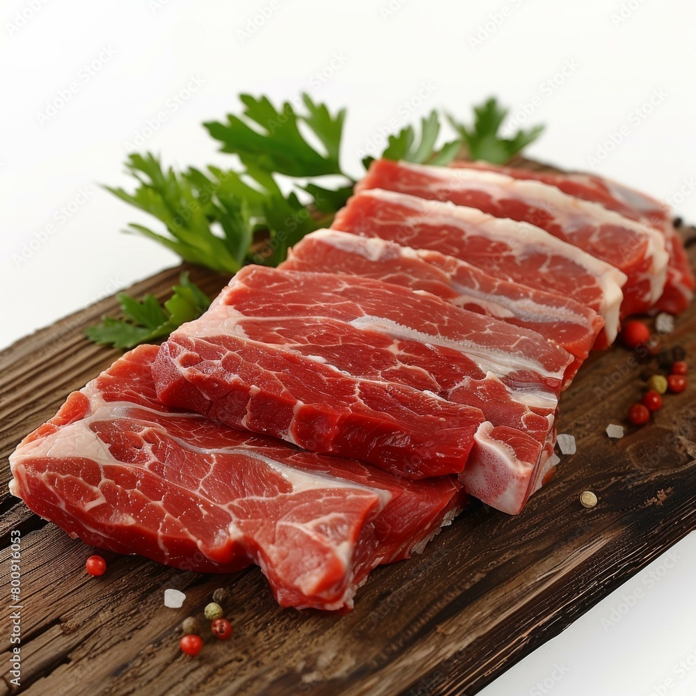 Beef steak raw meat on a wooden cutting board with spices and herbs