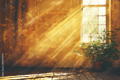 Gentle sun rays in a faded ochre room evoke a cozy, inviting vintage feel.