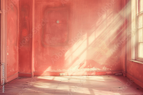 Nostalgic faded salmon grunge room bathed in soft sun rays.