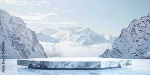 3D rendering of a marble podium in a snowy mountain landscape