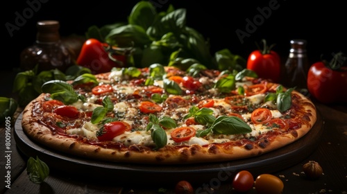 Pizza with fresh basil, tomatoes and mozzarella cheese