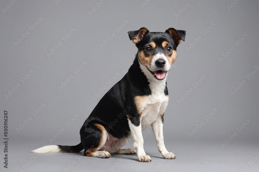 sit Japanese Terrier dog with open mouth looking at camera, copy space. Studio shot.