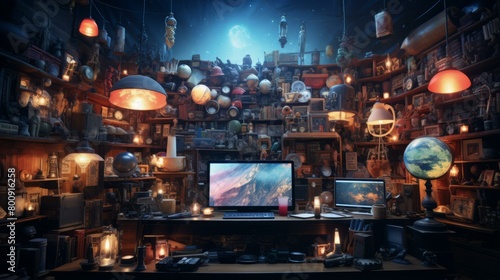 A cluttered room filled with various objects and a desk with a computer on it photo