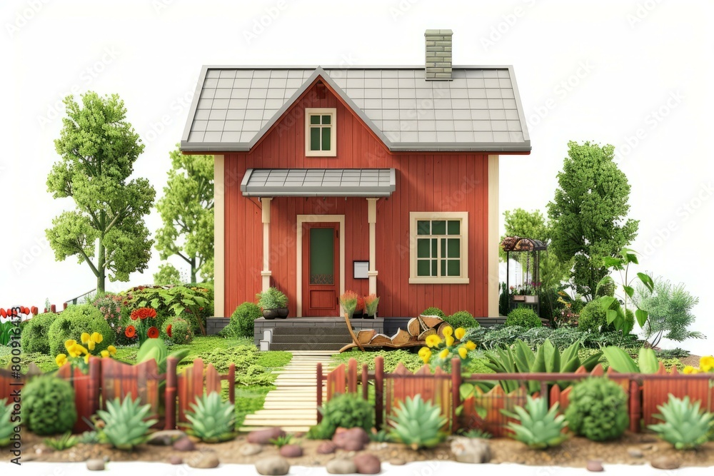 Small red wooden house with garden