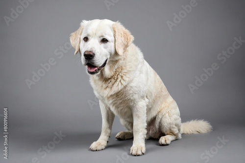 sit Kuvasz dog with open mouth looking at camera, copy space. Studio shot.