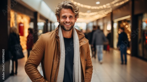 Portrait of a handsome young man with blond hair and blue eyes smiling in a shopping mall