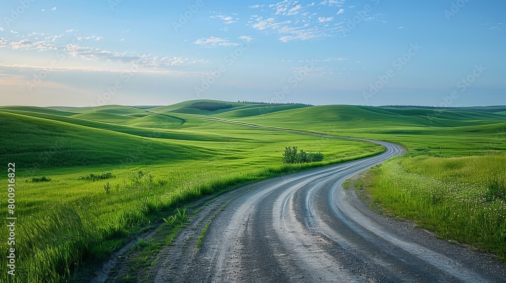 Scenic view of a rural road winding through green hills Scenic view of a rural road winding through green hills
