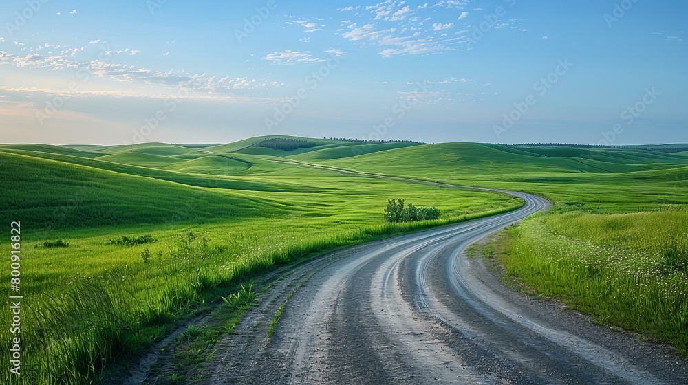 Scenic view of a rural road winding through green hills