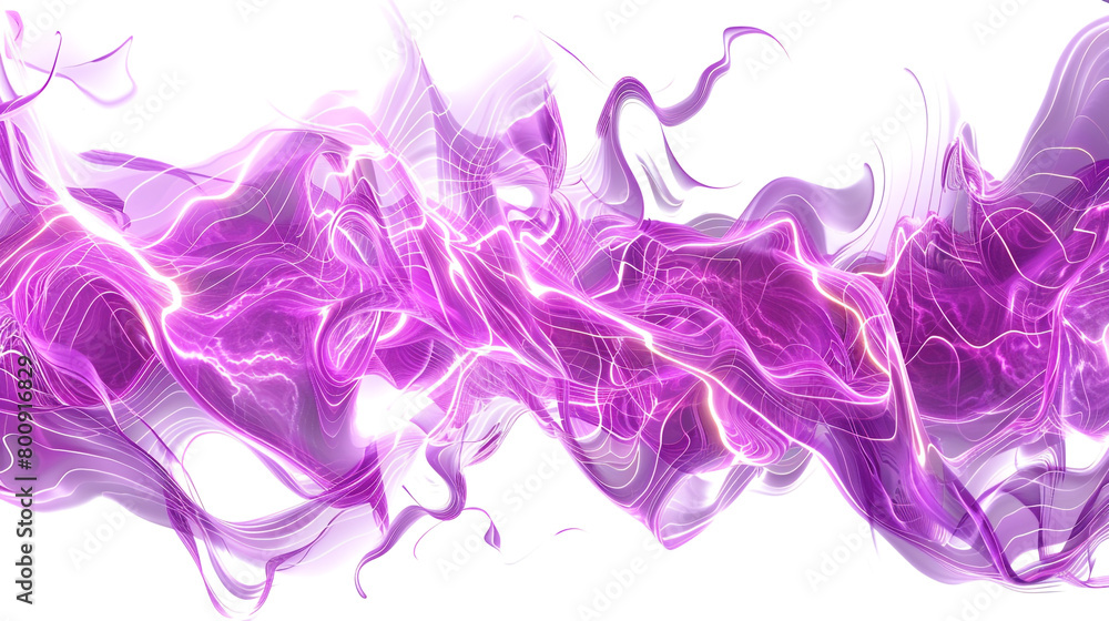 Luminous pink neon lightning streaks amidst lively purple wave formations, isolated on a solid white background.