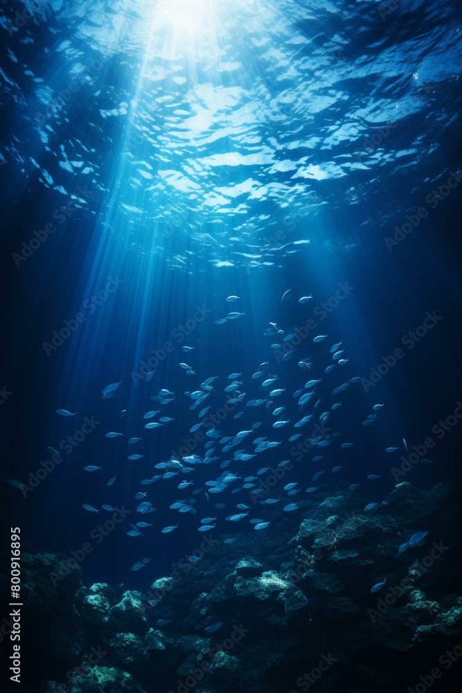 Obraz premium Underwater scene with a school of fish swimming over a coral reef