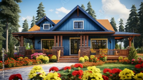 Small blue wooden house with a big garden and a porch surrounded by flowers