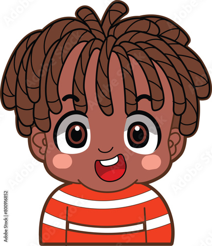Variation of kids face from any race. Negroid race emoticon. Avatar of boy and girl kids.