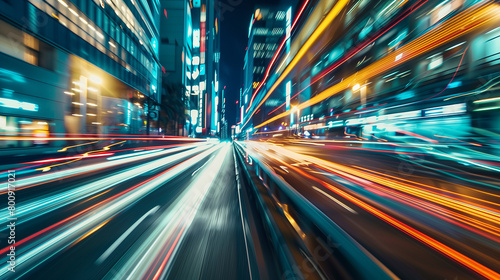 Speed and Motion in City Night, Urban Transportation and Technology, Dynamic Road and Light Trails 