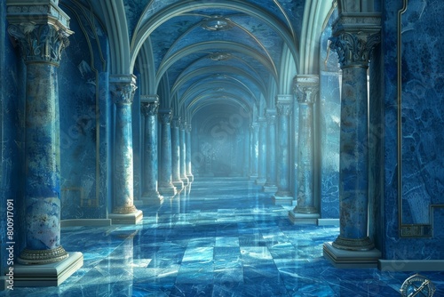 fantasy blue marble palace hallway