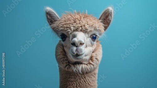A fluffy llama with blue eyes looks at the camera photo