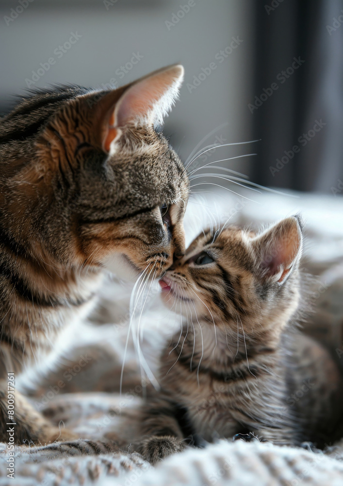 Mother Cat nurturing Kitten on bed. Kitten sniffing mother's face. Cute. Affection. Nurturing. Feline.