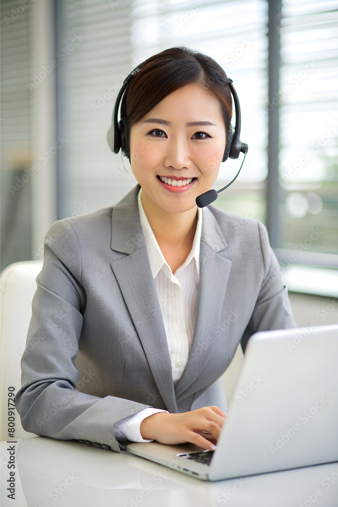 A asian woman in a grey blazer sits at a desk with a laptop and a headset on. She looks into the camera with a smile. AI Generative A asian woman in a grey blazer sits at a desk with a laptop and a headset on. She looks into the camera with a smile. AI Generative