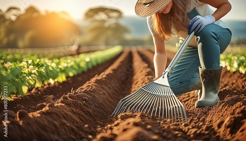 farmer prepares the soil with a rake before planting plants.
