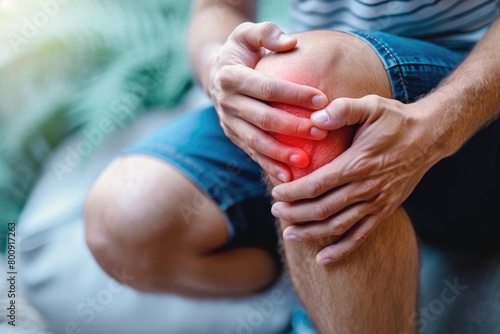 A man holds his knee in pain. photo