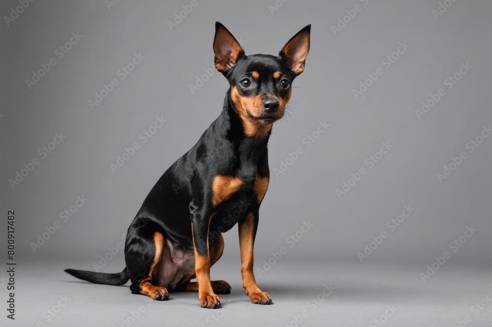sit Miniature Pinscher dog looking at camera, copy space. Studio shot. sit Miniature Pinscher dog looking at camera, copy space. Studio shot.