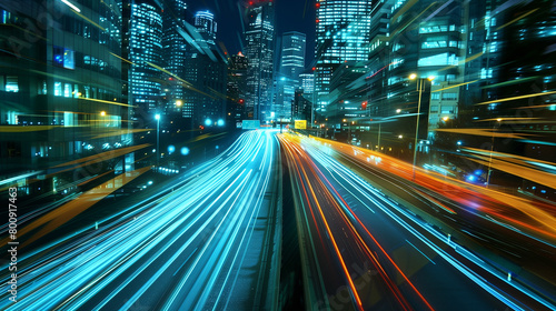 Speed and Motion in City Night, Urban Transportation and Technology, Dynamic Road and Light Trails 