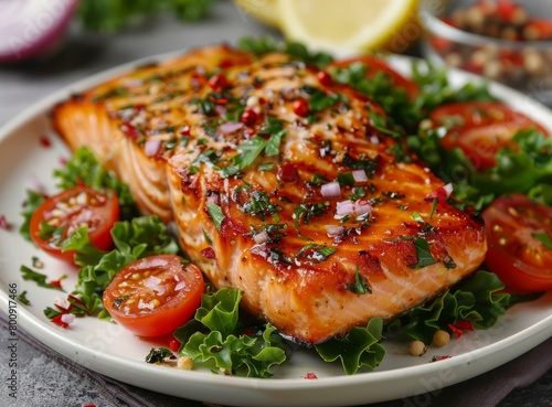 Grilled salmon fillet with tomatoes and herbs