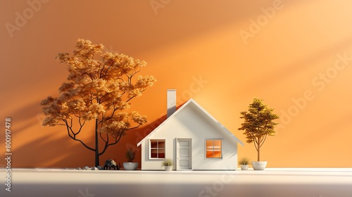 A small white house sits between two trees on a white table against a solid orange background.