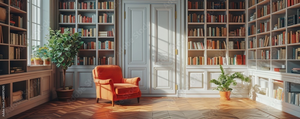 An image of a library with a large wooden bookshelf, a red armchair, and two plants. The library is lit by a large window.