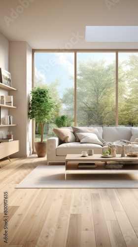 Bright airy living room with large windows and white sofa