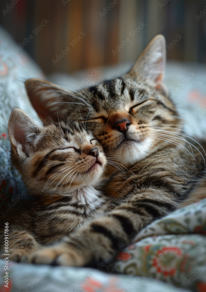 Mother Cat nurturing sleeping Kitten on bed. Cute. Affection. Nurturing. Feline. Mother Cat nurturing sleeping Kitten on bed. Cute. Affection. Nurturing. Feline.