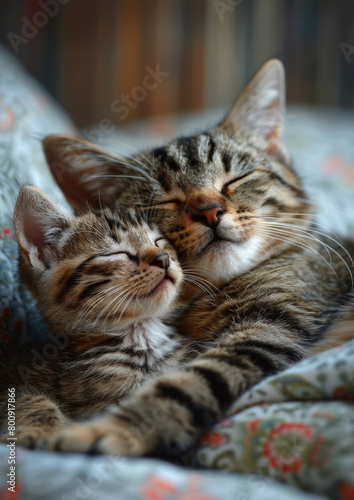 Mother Cat nurturing sleeping Kitten on bed. Cute. Affection. Nurturing. Feline.