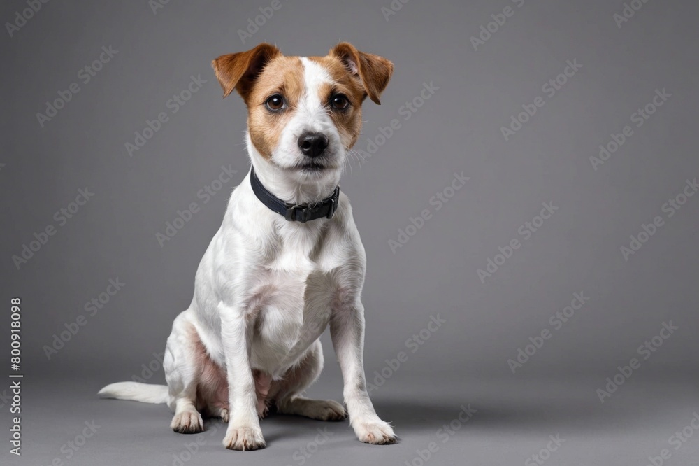 sit Parson Russell Terrier dog with open mouth looking at camera, copy space. Studio shot.