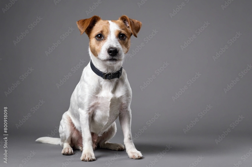 sit Parson Russell Terrier dog with open mouth looking at camera, copy space. Studio shot. sit Parson Russell Terrier dog with open mouth looking at camera, copy space. Studio shot.