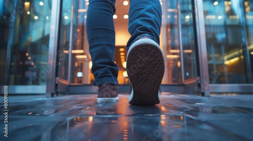 A captivating image of a person's feet, stepping out of the office building, representing the liberation of leaving early on Leave The Office Early Day. photo