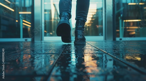 A captivating image of a person's feet, stepping out of the office building, representing the liberation of leaving early on Leave The Office Early Day.