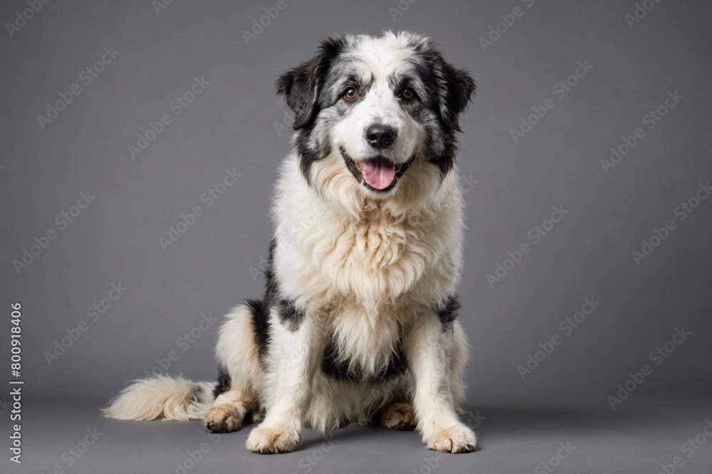 sit Polish Lowland Sheepdog dog with open mouth looking at camera, copy space. Studio shot. sit Polish Lowland Sheepdog dog with open mouth looking at camera, copy space. Studio shot.