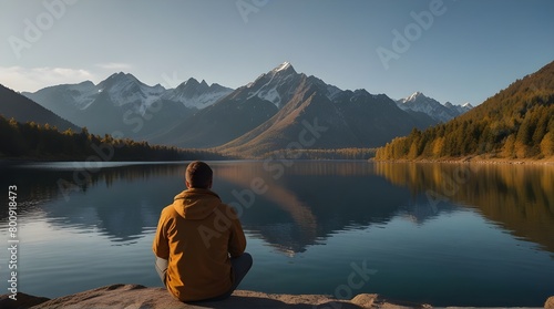 Male Tourist observing mountain lake at sunset.generative.ai photo