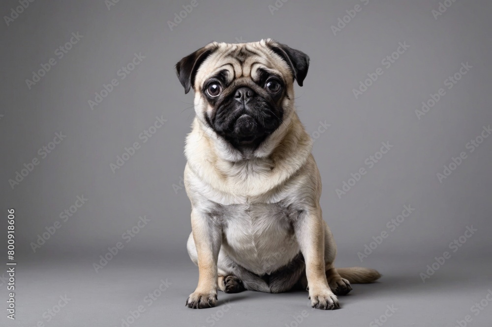 sit Pug dog looking at camera, copy space. Studio shot.