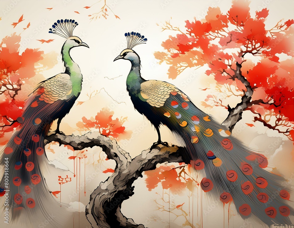 Fototapeta premium Colorful peacocks sitting on a tree branch. Oriental, exotic wallpaper, graphics
