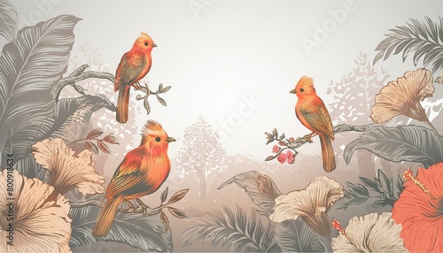 Kolorowe, egzotyczne ptaki siedzące na kwitnących gałęziach drzew. Grafika, tapeta, rysunek