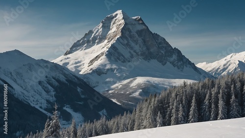 snow-capped mountain in the distance with snow-covered trees in the foreground. © ASGraphicsB24