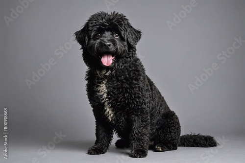 sit Puli dog with open mouth looking at camera, copy space. Studio shot.