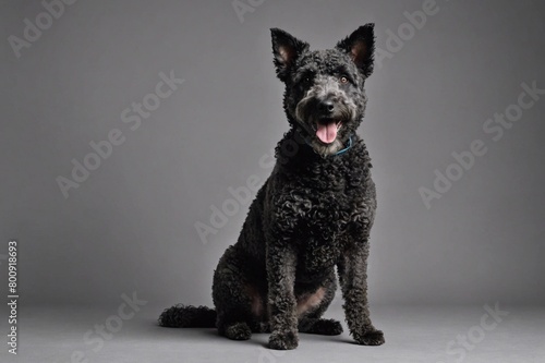 sit Pumi dog with open mouth looking at camera, copy space. Studio shot. photo