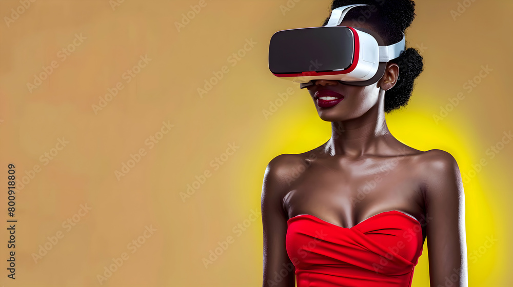 Young black woman wearing virtual reality (VR) goggles. Light background. Space for copy.
Young black woman wearing virtual reality (VR) goggles. Light background. Space for copy.