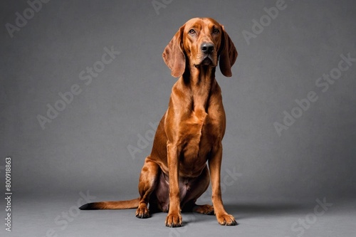 sit Redbone Coonhound dog looking at camera, copy space. Studio shot. photo