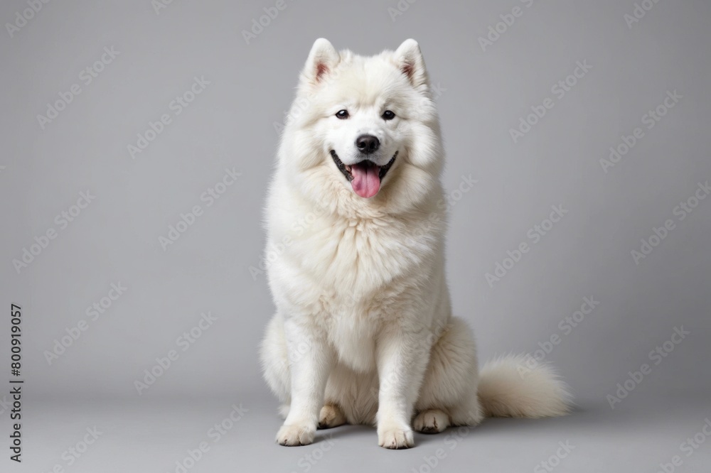sit Samoyed dog with open mouth looking at camera, copy space. Studio shot.
